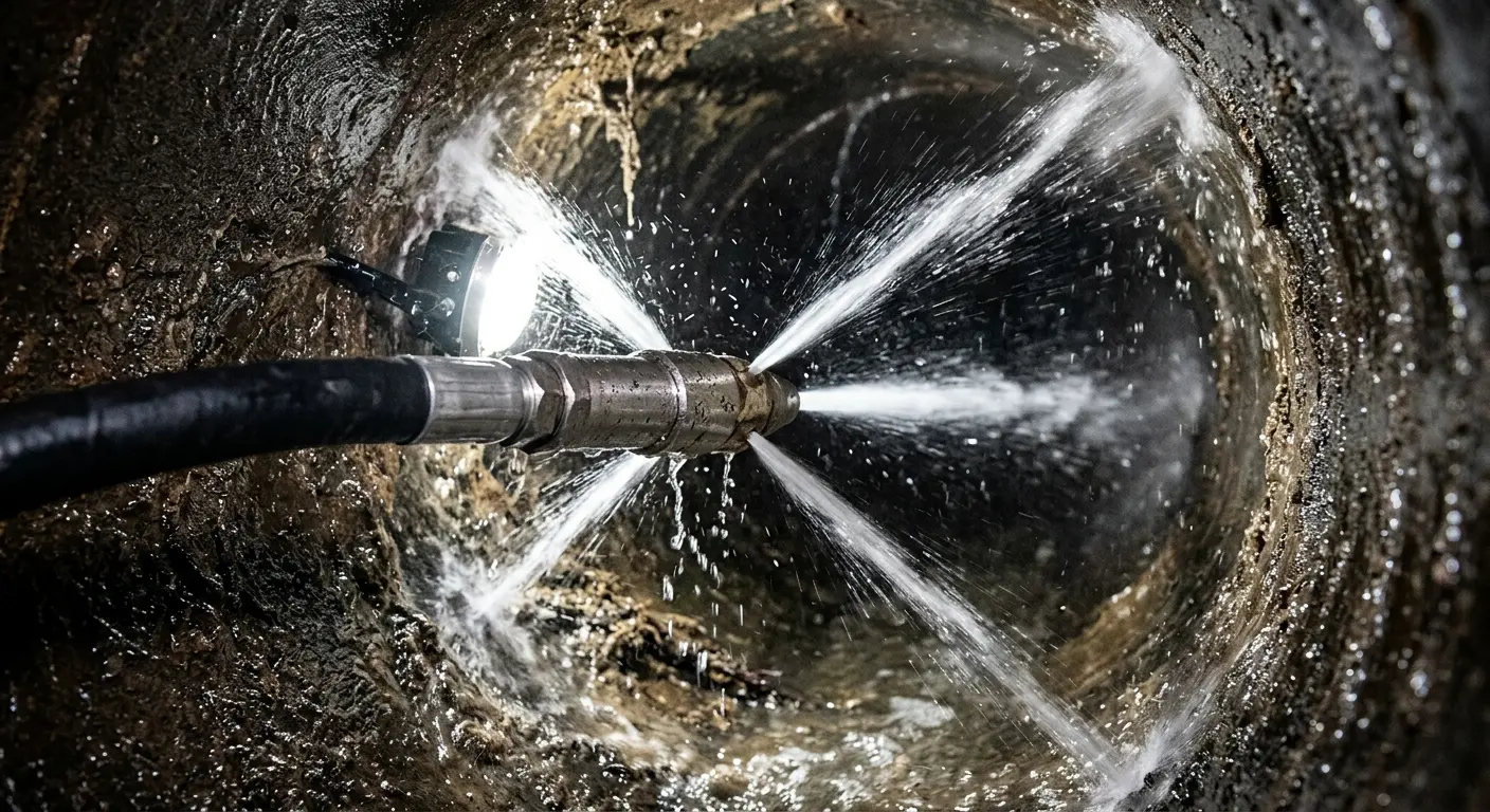 High-pressure hydro jetting nozzle cleaning sewer pipe for Emergency Drain Service in El Sobrante