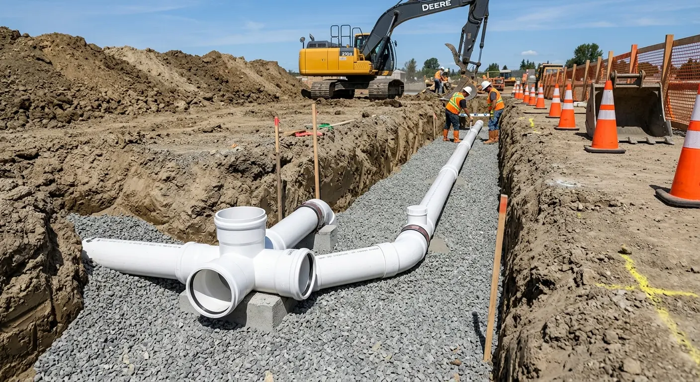 New PVC sewer pipe installation in open trench for Sewer Backup in El Sobrante