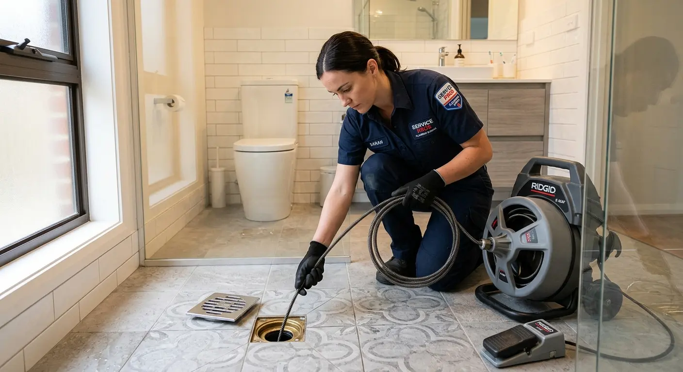 Technician clearing a bathroom floor drain for Drain Cleaning in El Sobrante